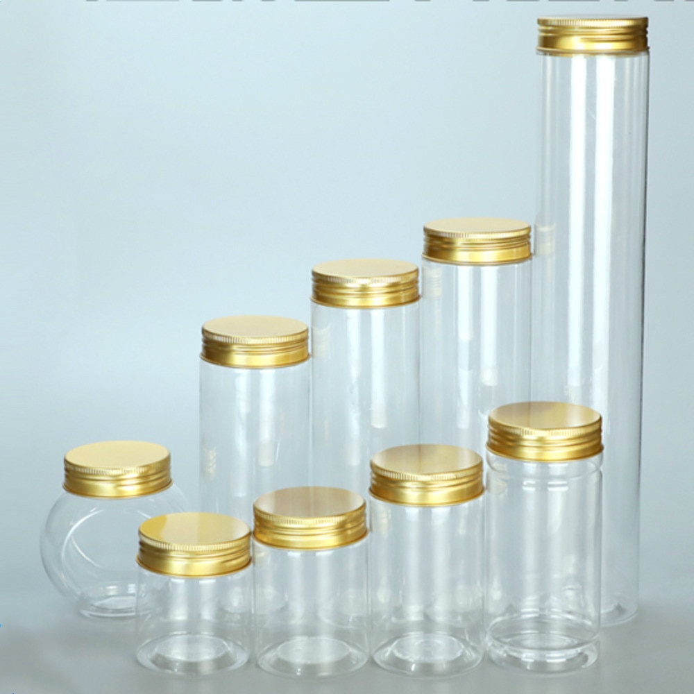 20 PCS Sugar Cane Bottles Plastic Container Golden Lid Transparent Packaging Food Jar Cereal Dispenser Kitchen