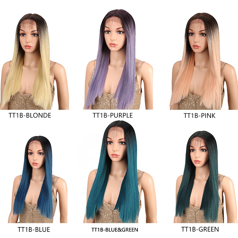 Bella Longue Droite Ombre Bleu & Vert Rose Blond Violet Violet Noir Bleu vert cheveux pièce 7 couleurs Résistant À La Chaleur Synthétique Dentelle Perruques Pour Les Femmes 20 pouce partie médiane droite colorée perruq