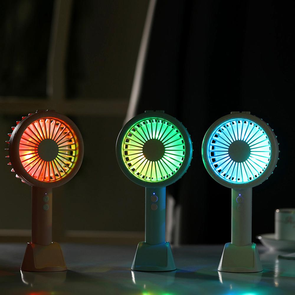 Mini Handheld Fan USB Rechargeable Handheld Desk Fan 3 Speed Adjustable Cooling Fan LED Ring Light with Phone Stand Base