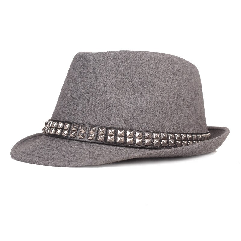 QBHAT-Sombrero de ala corta con remaches para hombre, sombrero de lana con banda de remache, fieltro, Jazz, Trilby, protección solar, para exteriores: Gray