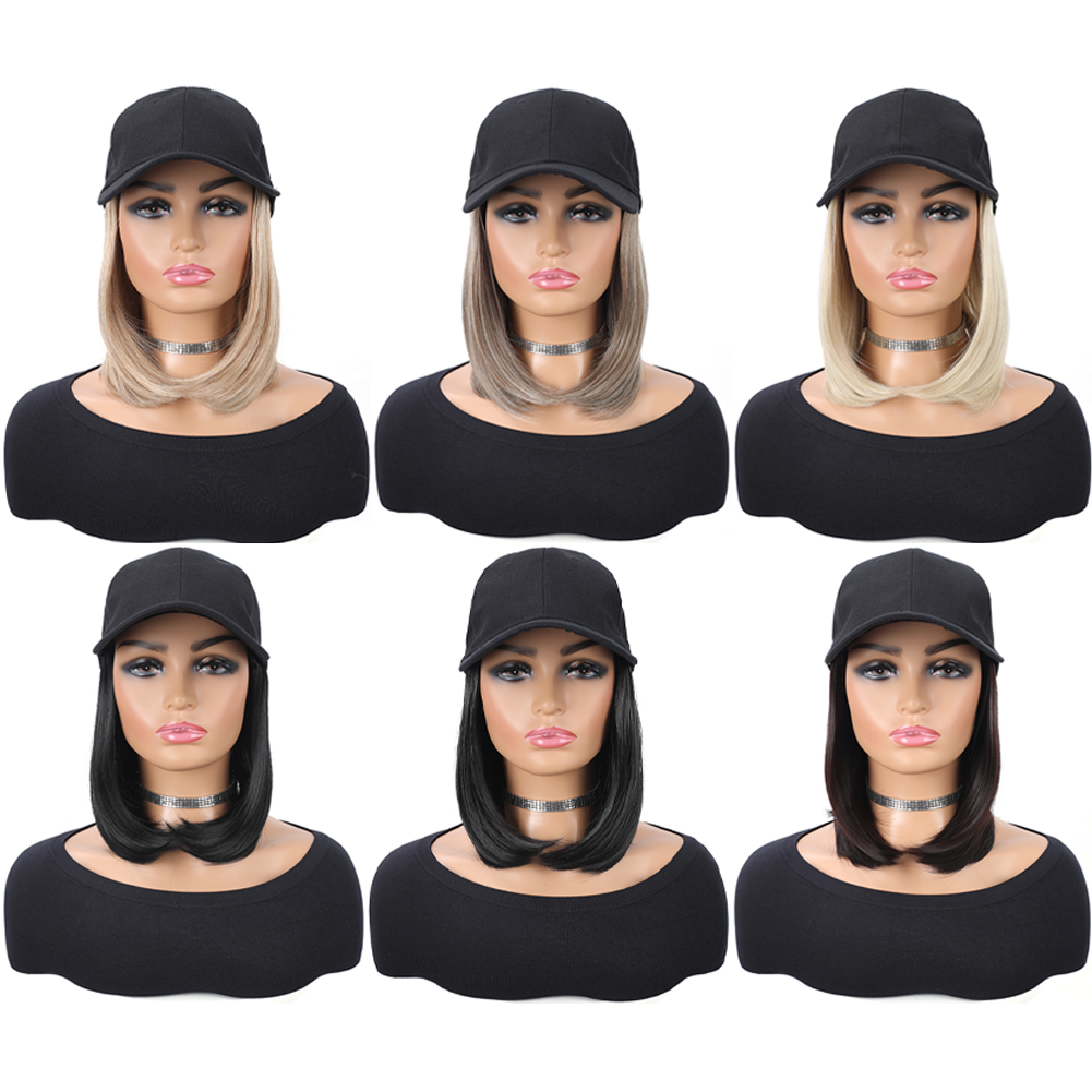 Boné de beisebol com extensões de cabelo sintético, liso, curto, bob, penteado ajustável, removível, peruca, chapéu, 10 polegadas, para mulher e menina