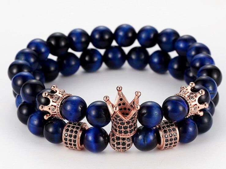 8 Mm 2 Stks/set Jt5u Elastische Aangepast Natuur Blauw Tijgeroog Bead Micro Pave Cz Zirkoon Zirconia Kroon Armband: 2