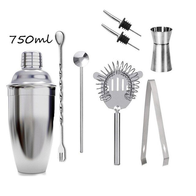 Stainless Steel Cocktail Shaker Mixer Set Wine Martini Boston Shaker for Bartender Drink Party Bar Tools Set 750ML Wine Bottle: 750ml 8pcs