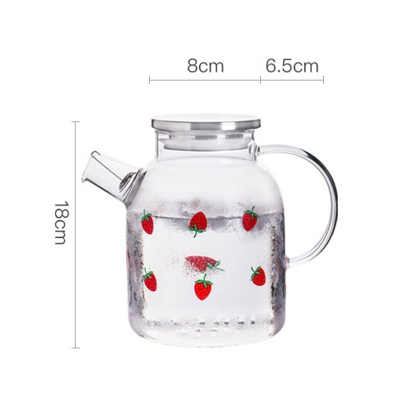 Glass Water Pitcher with Strawberry Pattern Glass Jug with Stainless Steel Lid and Filter Heat Resistant Carafe Glass Cup Set: 1.8L