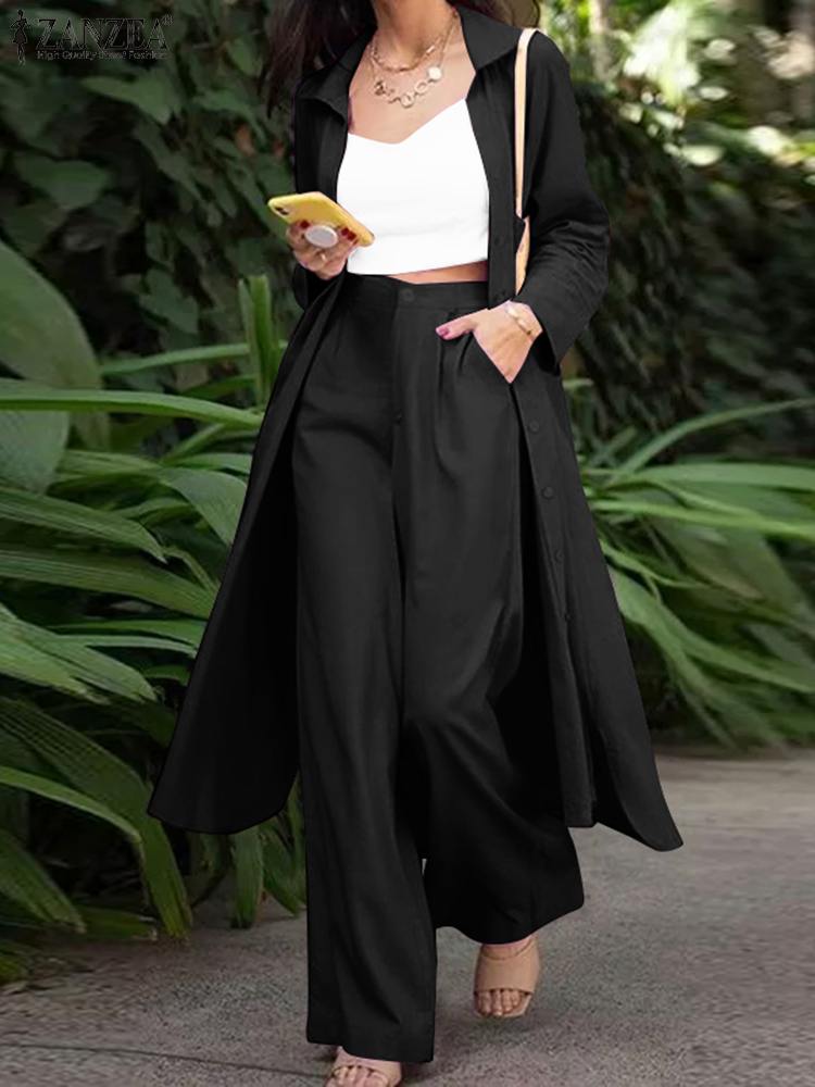 ZANZEA Women Autumn Suit Casual Long Sleeve Blouse Wide Leg Pants Sets Long Shirt Female Work OL Outifits: S / black
