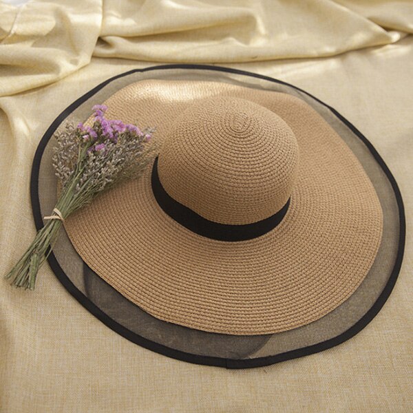Solhatte til kvinder piger brede rand floppy stråhat sommer bohemia strand cap bånd chapeau femme ete sort: Khaki