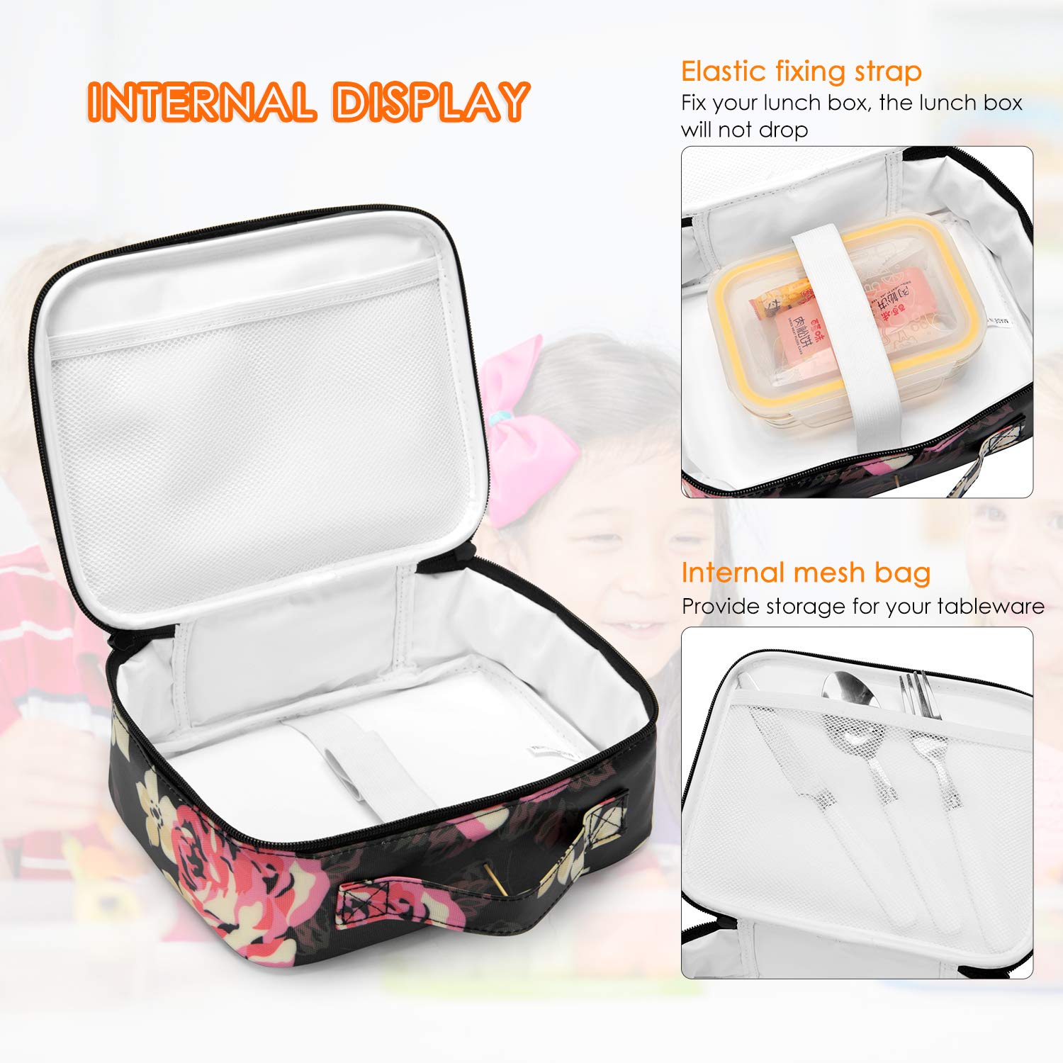 Portable Lunch Bag for Kids Girls Lunch Box Insulated Cooler Bag Water-resistant Thermal Tote Snacks Organizer,Flower Pattern