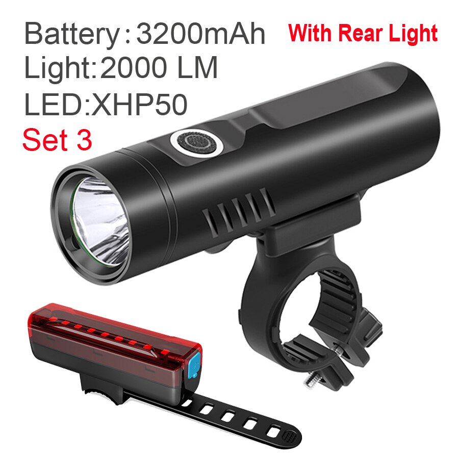 NEWBOLER-linterna de 2400 lúmenes para bicicleta, luces LED USB para bicicleta, linterna de aluminio para MTB, faro delantero, accesorios para bicicleta: P50 3200mAh Set 3