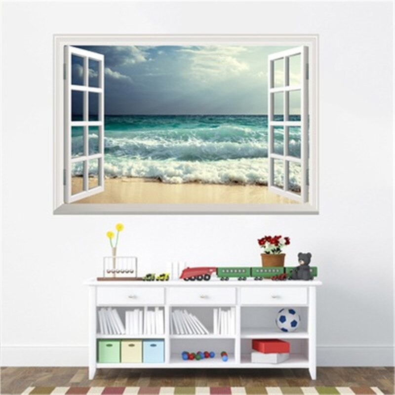 3D Beach Waves Window Wall Stickers For Living Room Bedroom Home Decor Scenery Wall Mural Art Landscape Vinly Decals Muursticker