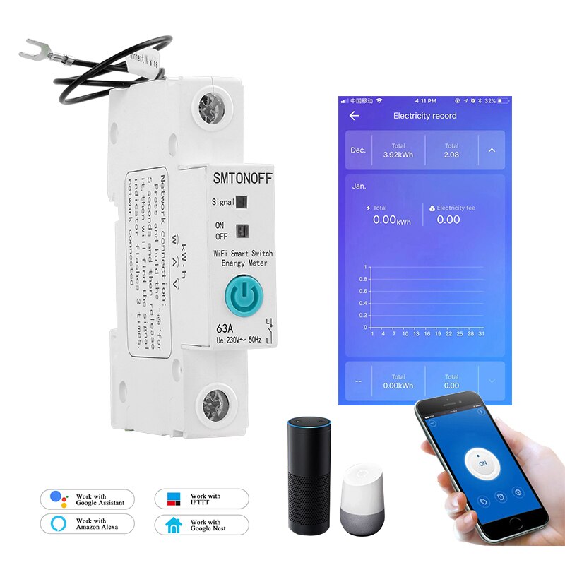 1P Ewelink Eenfase Din Rail Wifi Smart Energy Meter Stroomverbruik Kwh Meter Wattmeter Met Alexa Google Voor smart Home