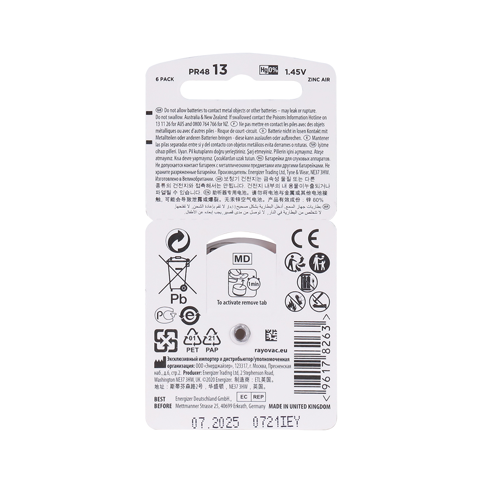 60 stk rayovac ekstra sink luft høreapparatbatterier  a13 13a 13 p13 pr48 høreapparatbatteri  a13