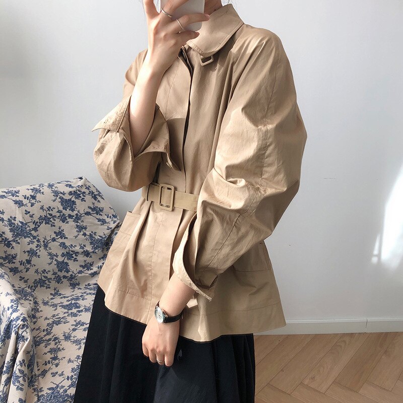 [eam] losse pasvorm kaki bandage split joint temperament jas revers lange mouw damesjas lente herfst 1 648