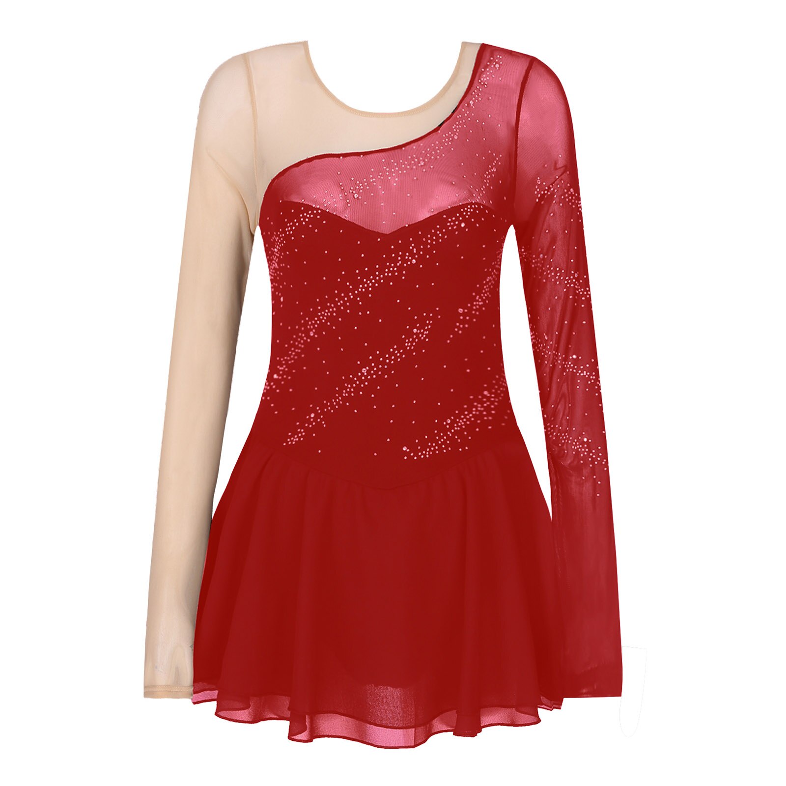 Women Adults Ballet Dance Dress Long Sleeves Mesh Splice Figure Ice Skating Dress Rhinestone Leotard Lyrical Modern Dance Dress: Red / XL