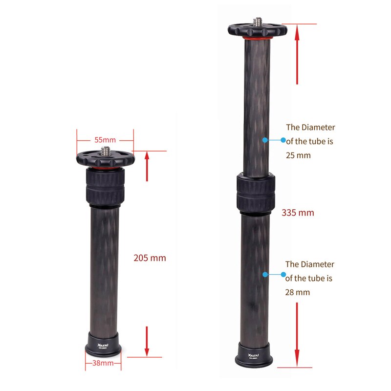 XILETU DX-282C Kohlenstoff Faser 2-Abschnitt Verlängerung Stange Stativ Erhöaufgehängt Achse Rohr Zubehör mit 1/4 und 3/8 Cabrio Schrauben