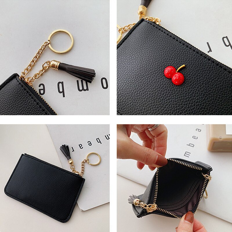 Enkel körsbär koreanskt pu-läder ultratunn klämma mjukt läderfransar dragkedja kort plånbok damkortväska noll plånbok