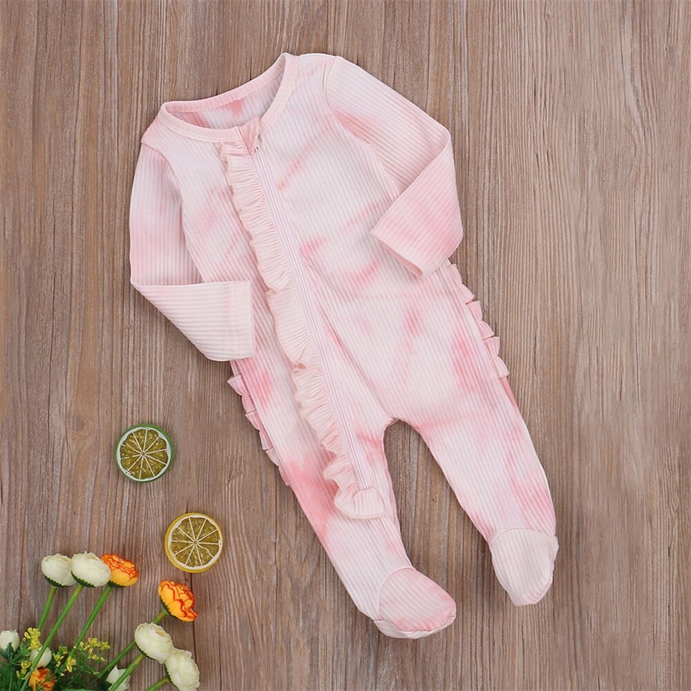 Newborn Baby Girls Boys Ribbed Romper Infant Tie-dye Print Long Sleeve Round Neck Ruffle Footed Zipper Jumpsuit