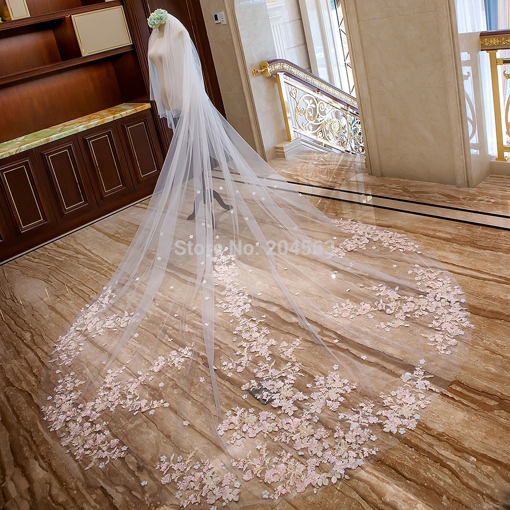 Prachtige Twee-Layer Luxe Kant Bruiloft Sluier Met Roze Bloemen 4 Meter Lange Bridal Veils Met Kam AX2019
