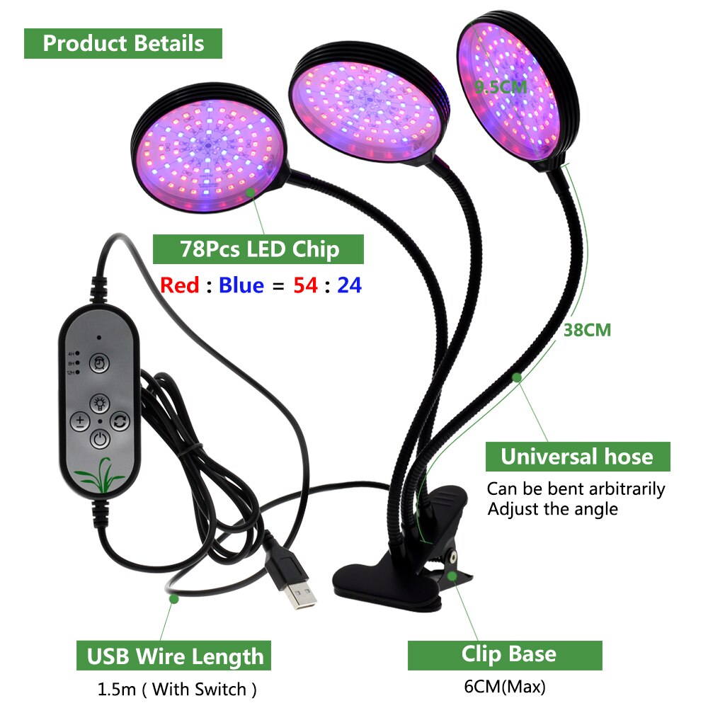 Luz LED de cultivo con Clip Flexible de 360 grados, fuente de alimentación USB, luz LED de escritorio para crecimiento de plantas.