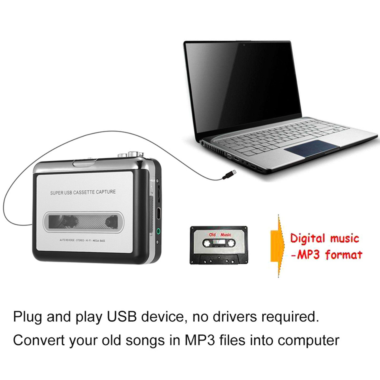 Usb-kassettinspelning kassettband till -mp3 -konverterare till dator hifi-ljud megabas musikspelare med hörlurar