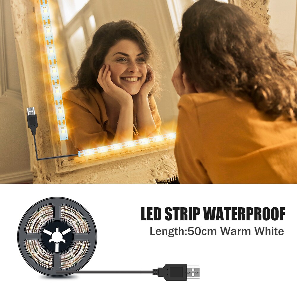 Luz LED para espejo de maquillaje, luces de tocador Hollywood impermeables de 5V, 1M, 2M, 3M, 4M, 5M, para decoración de baño: 50CM Warm White