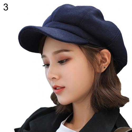 SALES! British Style Felt Solid Color Wide Brim Women Beret Autumn Winter Warm Peaked Cap Hat Artist Easy-matching: Navy Blue