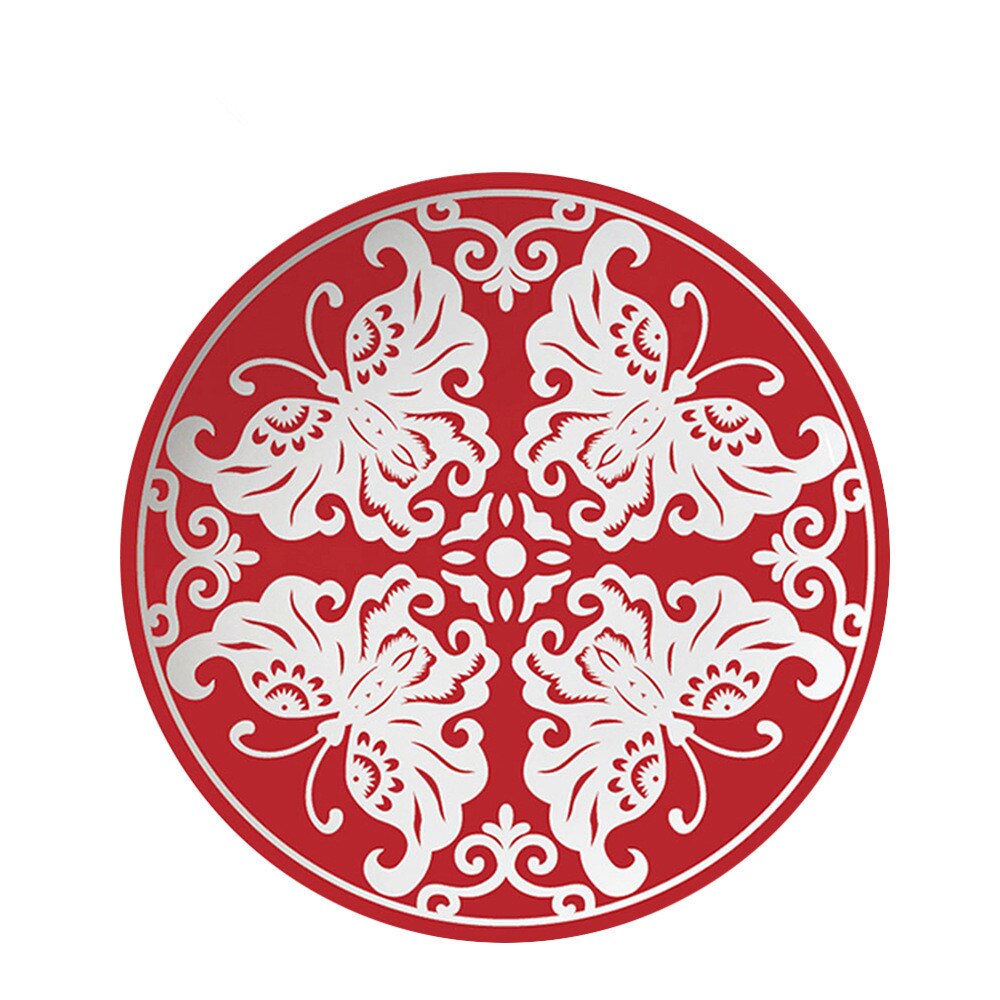 Chinese style red paper-cut pattern bone china tableware round plate set wedding festive dinner plate: 26.5cm