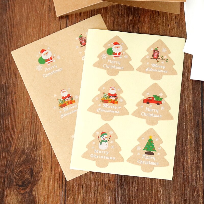 6Sets Kraft Kaarten Vrolijk Chritmas Wenskaarten Nieuwjaar Met Envelop En Xmas Tree Stickers Leuke Ontwerpen