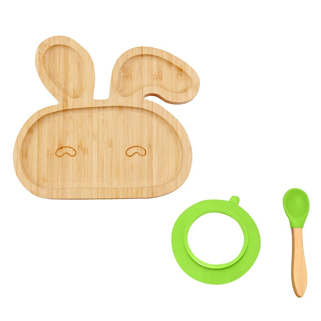 Baby Toddler Bamboo Sheep Plate Silicone Suction Feeding Bowl Suction Spoon Set Tableware Kitchen Accessories #30: Green