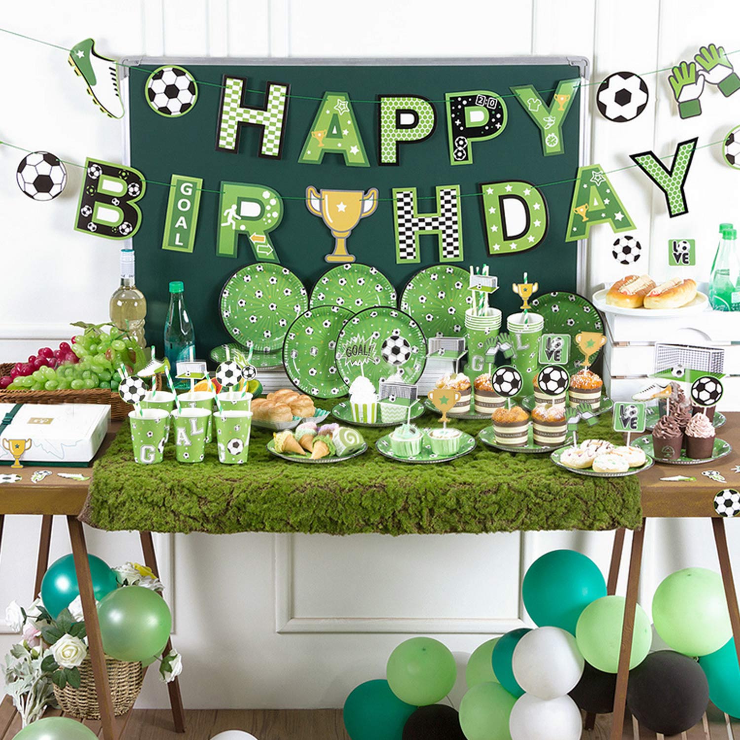 80 stk fodbold tema fest dekoration kit med fødselsdag banner cupcake toppers tallerken kop hængende hvirvel til fødselsdag fest forsyninger
