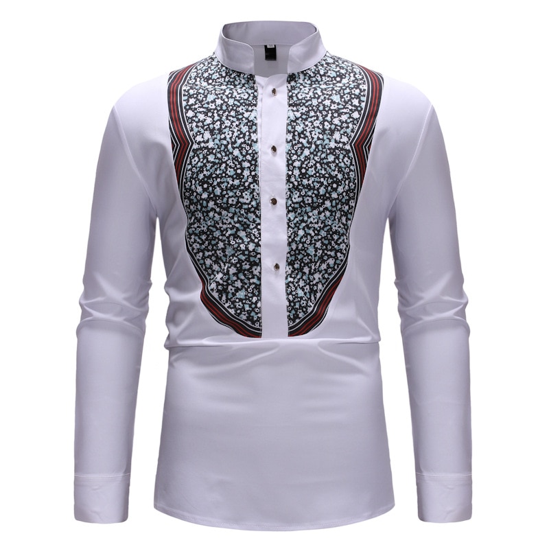 White African Dashiki Print Dress Shirt Men Fahion Mandarin Collar African Clothes Streetwear Casual Camisa Masculina XXL