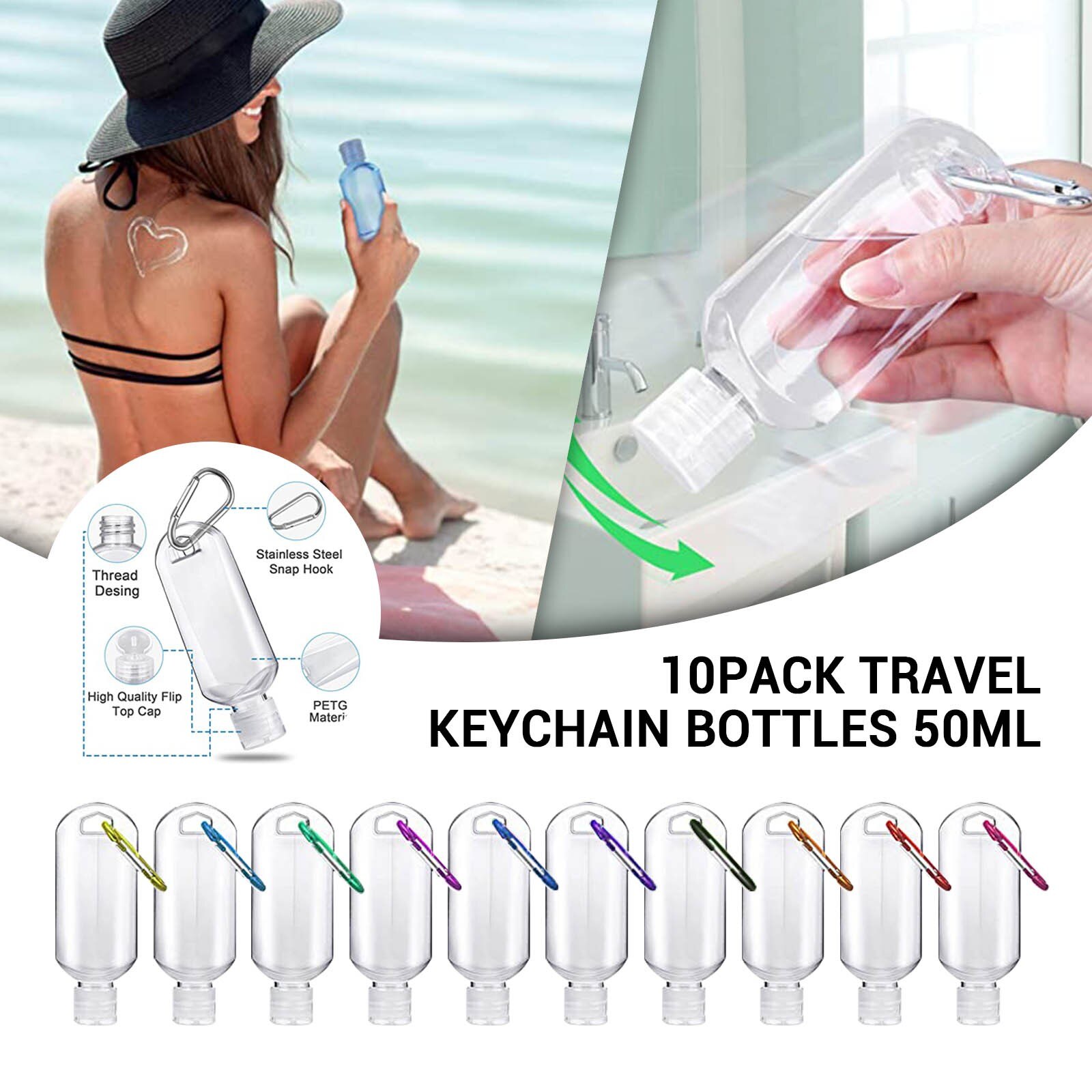 40# 10 stuks transparante lege sleutelhangerflessen, plastic mini navulbare container, lege cosmetische containers