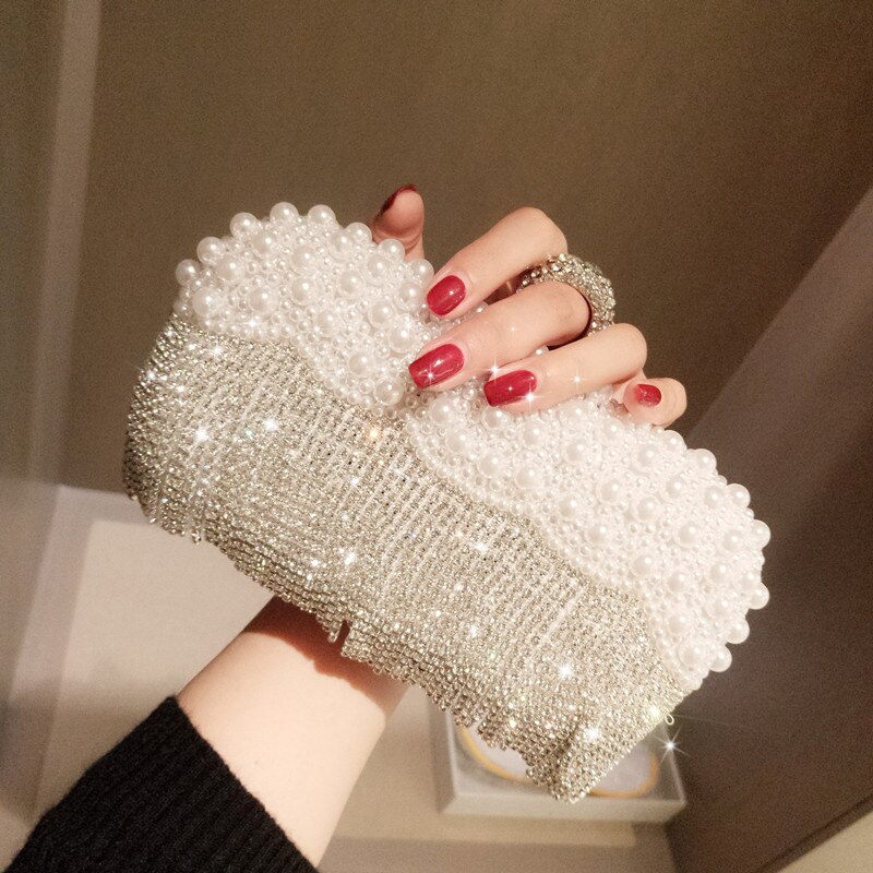 Dames water strass glimmende kwastjes handtas damestas nacht banket tas feest bruid diagonaal pakket: Wit