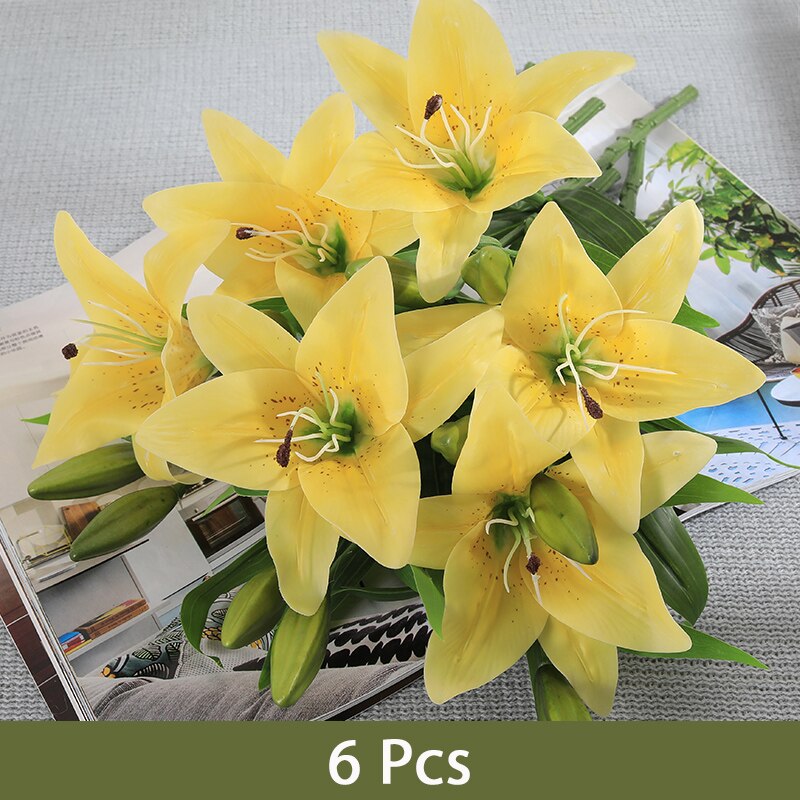 6 stk kunstige blomster lilje latex liljer skønhed for evigt bryllupsblomster flores artificiales para decoracion hogar: Gul lilje