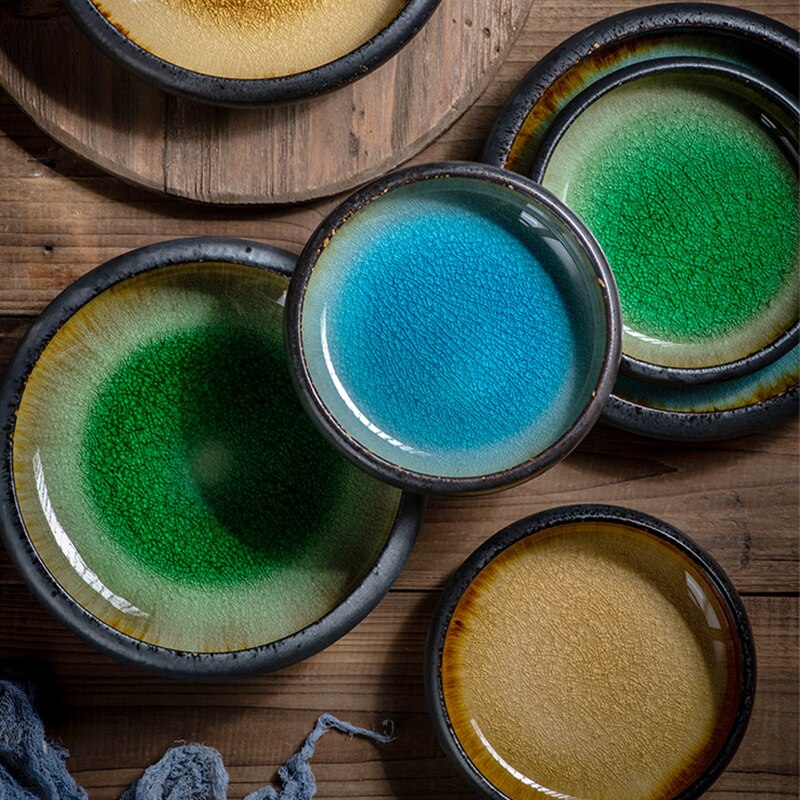 KINGLANG Kiln Ice Split Glaze Ceramic Plate Japanese Sushi Sashimi Plate Dish Salad Plate