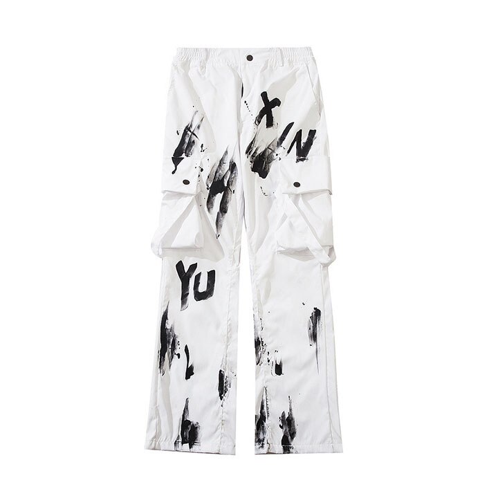 Kiovno Mannen Hip Hop Streetwear Broek Graffiti Gedrukt Broek Mannelijke Brabd Grote Zakken Met Linten: M / white