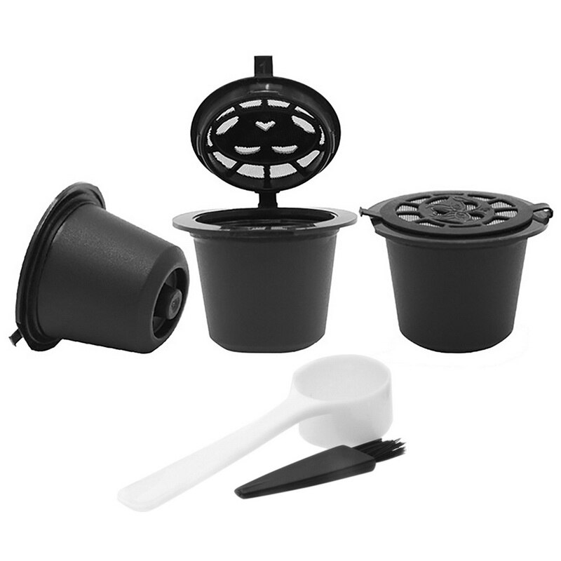 3 pakke genopfyldelig genanvendelig kaffekapsel med 1pc plastikskedefiltre køkken tilbehør holdbart genanvendeligt nespresso kapsler: 3 stk. sort