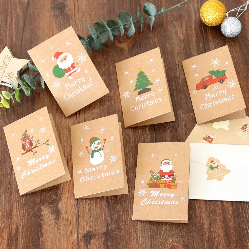6Sets Kraft Kaarten Vrolijk Chritmas Wenskaarten Nieuwjaar Met Envelop En Xmas Tree Stickers Leuke Ontwerpen