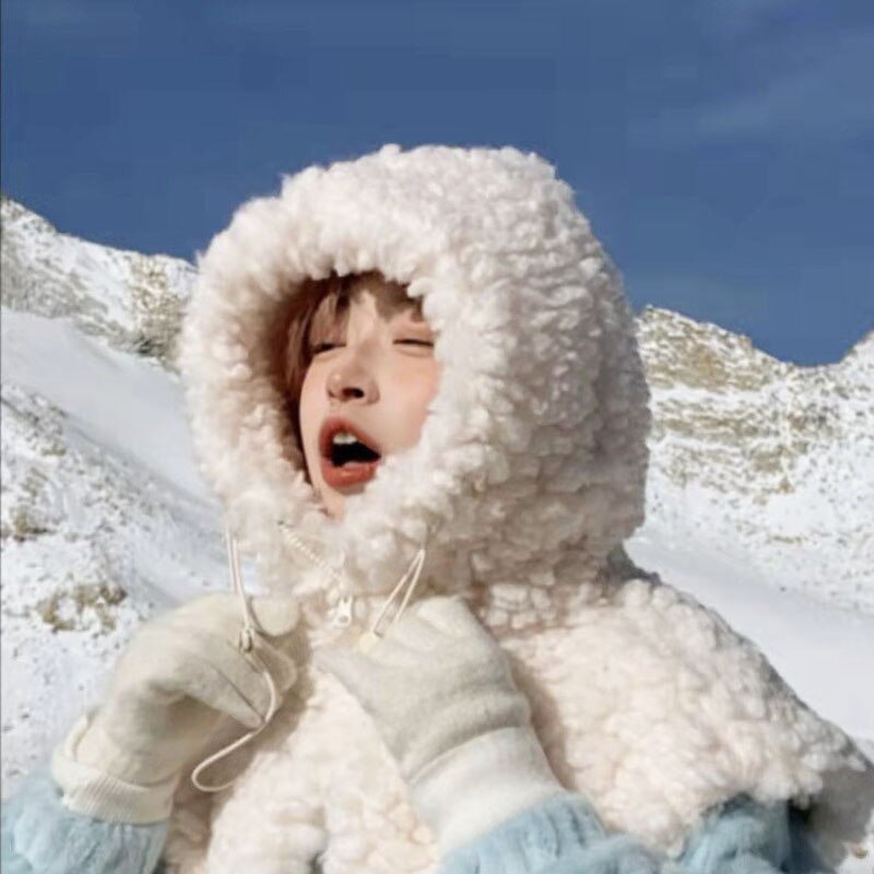 Gorro con capucha de pelo de cordero Artificial para hombre y mujer, gorro grueso con cordón para la cabeza, ajustable, de Color sólido, para invierno