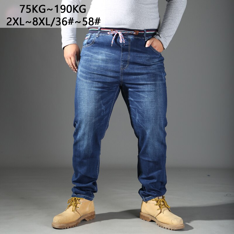 56 58 Super Large Men Jeans Loose Casual Straight Trousers Full Length Plus Size 7XL 8XL Blue Elastic waist pants