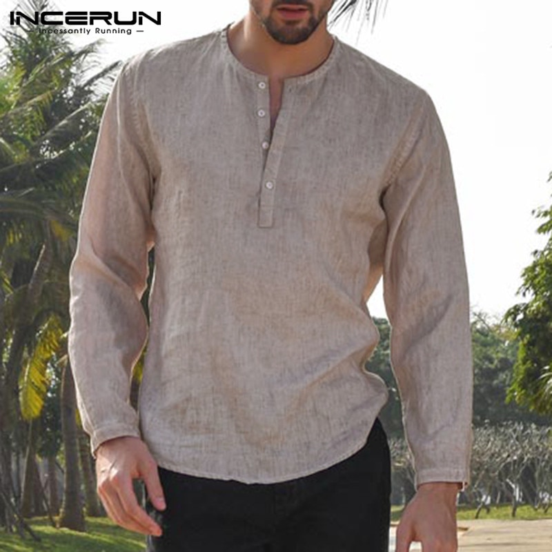5XL hommes lin coton chemises à manches longues bouton col rond solide en vrac automne robe chemises classique mâle vêtements