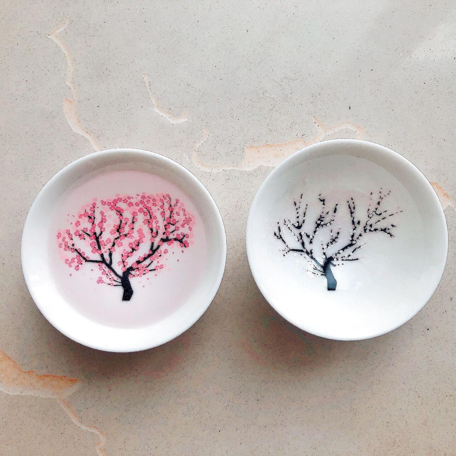 Japanese-style Cherry flower plum flower Cat Sake Cup 17 ℃ Cold water Discoloration Cup Bowl Ceramic Peach Blossom wine Cup