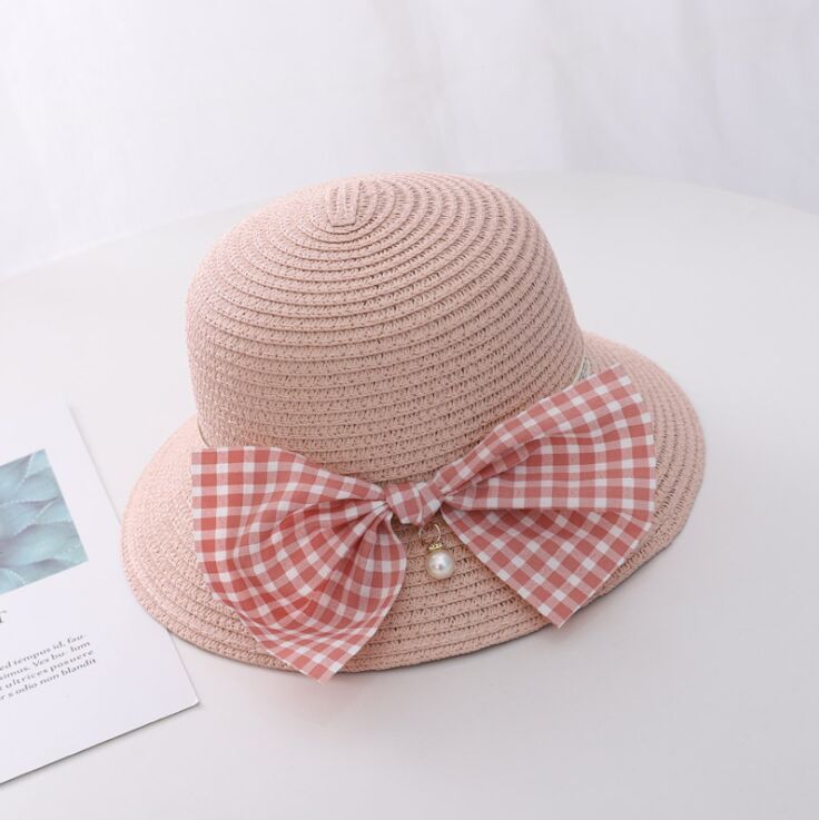 Zomer Kind Prinses Leuke Cartoon Stro Hoed Met Handtassen Tassen 2 Stuks Een Set Kids Meisje Baby Boog Plaid panama Zonnehoed: Hat  pink