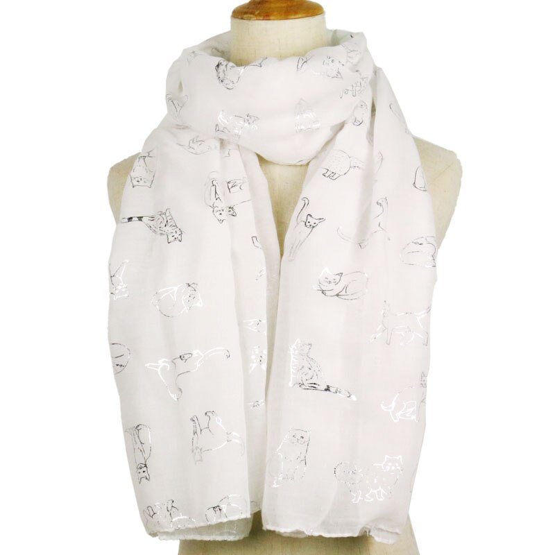 Winfox Ladies Cute Cat Foil Print Scarf Wrap shawl Travel Women Female Black Navy Scarf Autumn Winter Shawls hijab