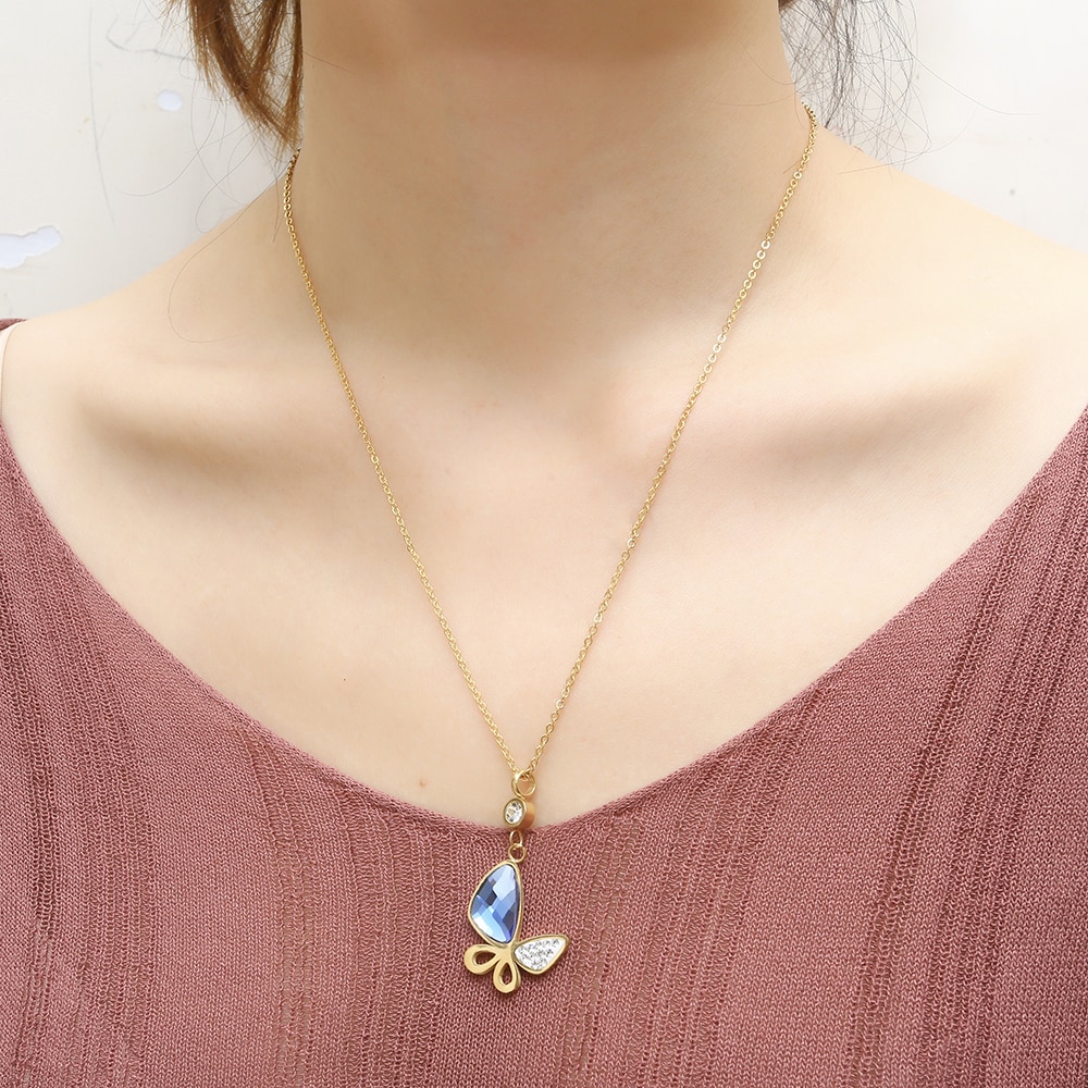 OUFEI Glass Stone Necklace Earrings Set Stainless Steel Jewelry Woman Vogue Bridal Jewelry Sets Jewelry Accessories