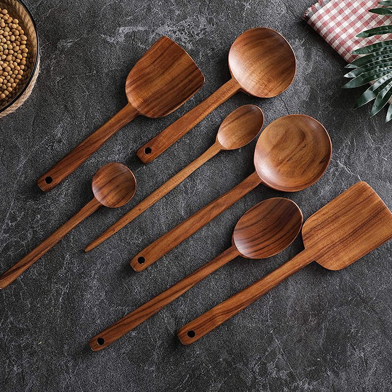-7Pcs Long Handle Wooden Cooking Utensil Set Non-Stick Pan Kitchen Tool Wooden Cooking Spoons and Spatulas