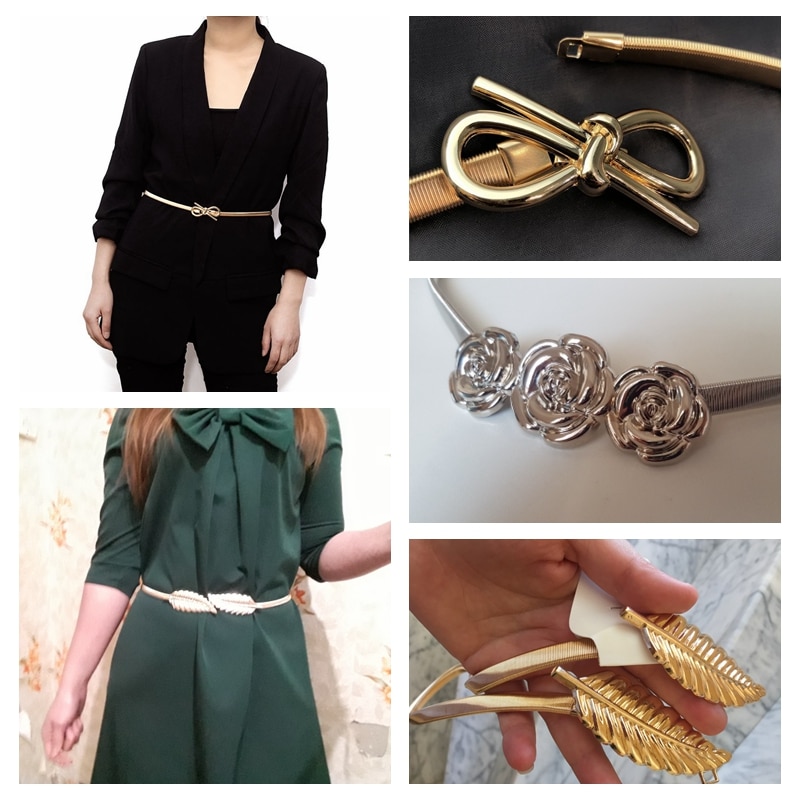 Cinturón elástico de metal para mujer con forma de flor y hoja, Cinturón fino con forma de flor y hojas, para boda