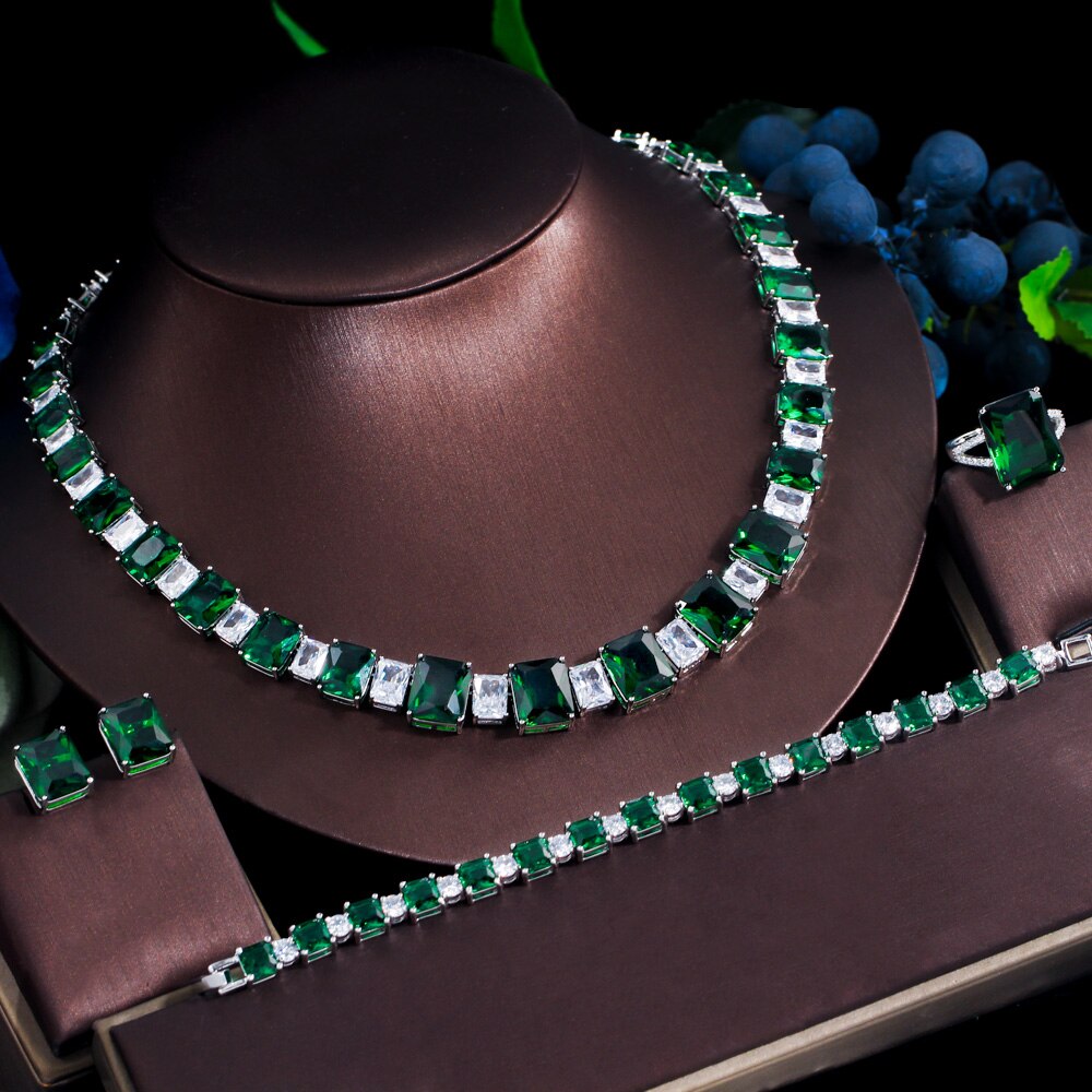 Threegraces 4 Stuks Dark Green Zirconia Geometrische Vierkante Bridal Wedding Party Ketting Sieraden Set Voor Vrouwen TZ687