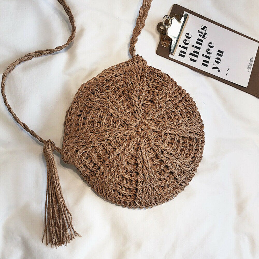 Rund strå taske håndlavet rattan vævet vintage retro halm reb strikket kvinder crossbody håndtaske frisk sommer strandtaske bohemia