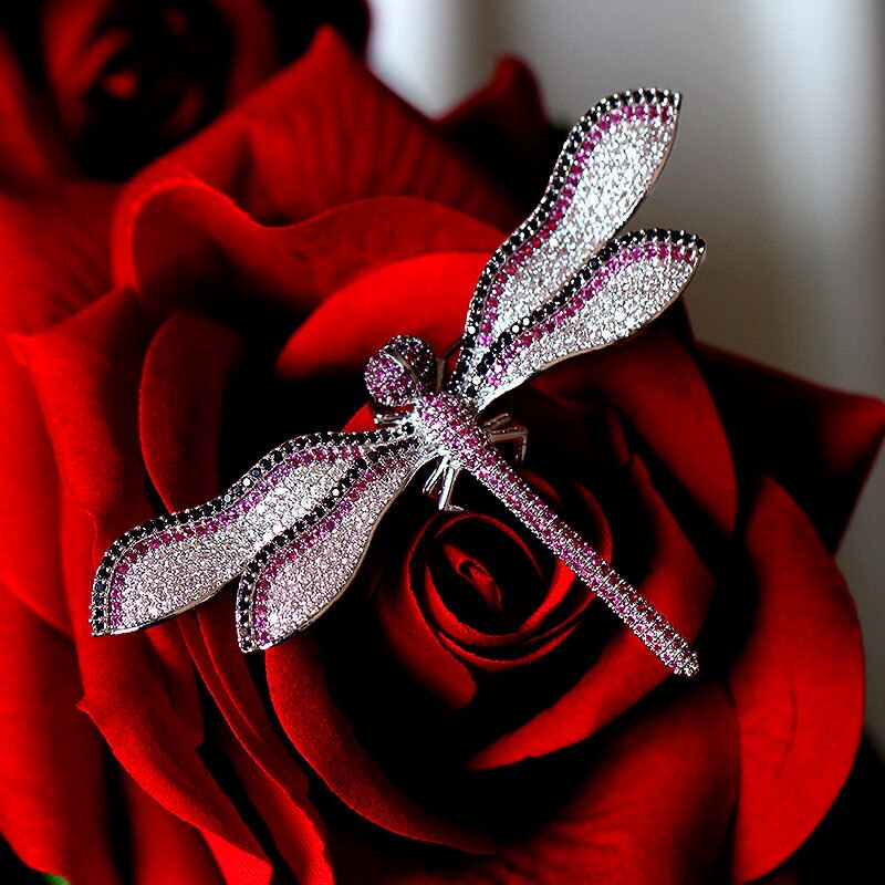 RED TREES Dragonfly Brooch - Women's Elegant Insect Pin Jewelry - White Gold & Zircon - 6.8cm