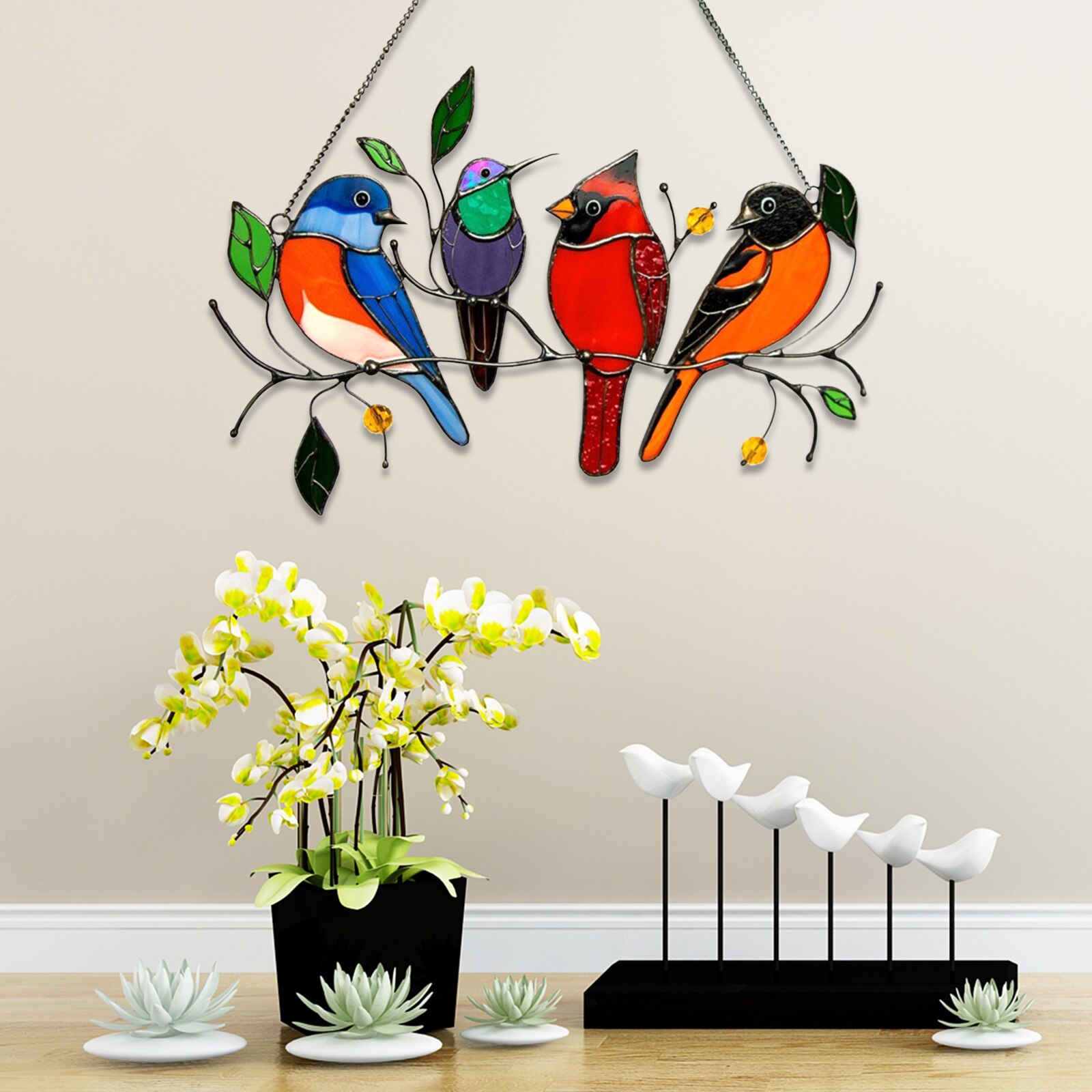 Window Panel Stained Glass Birds-on-a-wire Stained Glass Suncatcher Window Hanging Panel Bird Series Ornaments